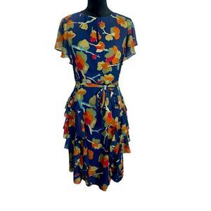 LAUREN RALPH LAYREN BLACK LABEL‎ KEYHOLE MIDI RUFFLE FALL NAVY DRESS SIZE 4